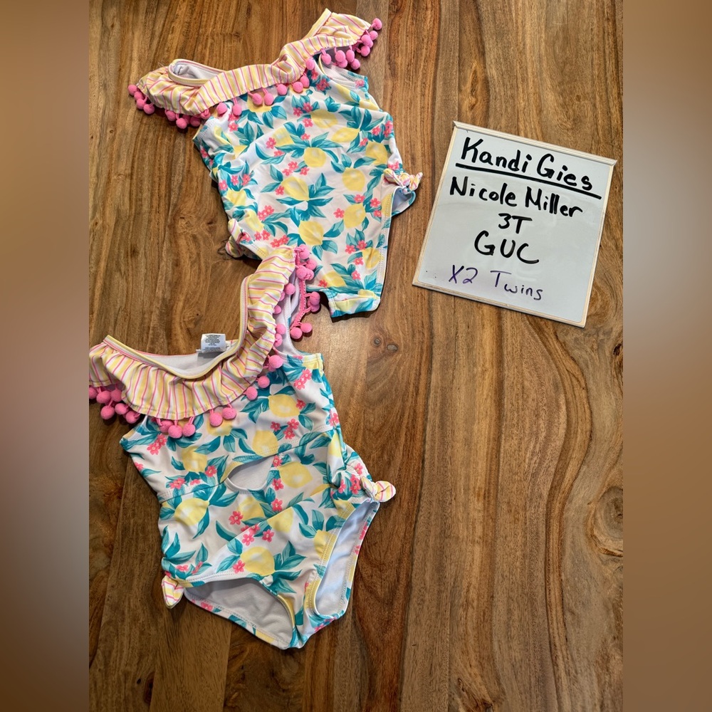 Twin Girl Bundle Nichole Miller Floral Ruffle Swimsuit with Pom Poms